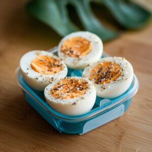A small container holding peeled hard-boiled eggs, each one lightly sprinkled with everything bagel seasoning, ready for a quick grab-and-go snack.