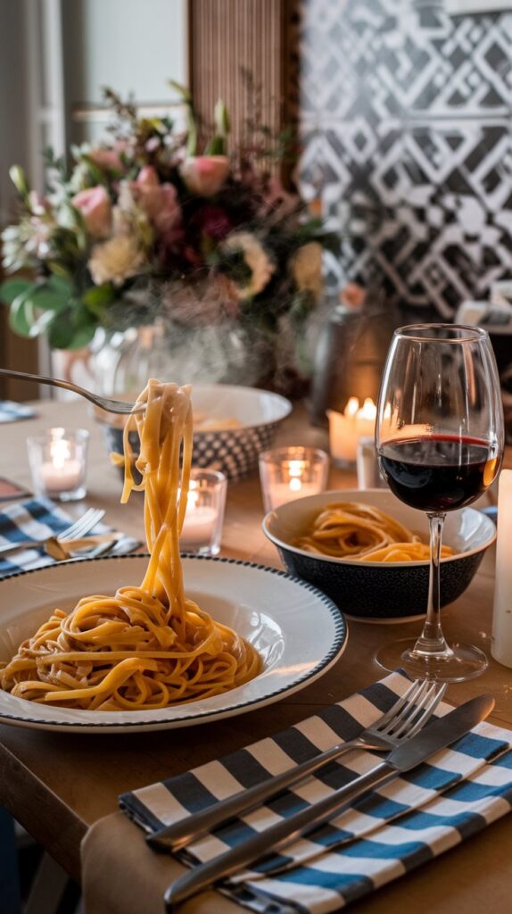  Your table is adorned with checkered napkins, twinkling candles, and steaming bowls of handmade pasta. Aromas of garlic and fresh basil fill the air as you twirl spaghetti and sip from a glass of red wine.