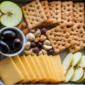 A classic pairing of cheese slices and whole-grain crackers for a quick, balanced snack.